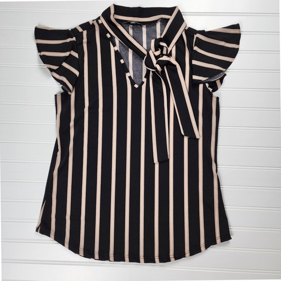 Adrianna Papell Tops - Adrianna Papell Womens Shirt Size Small Striped Flutter Sleeve Top Black Pink